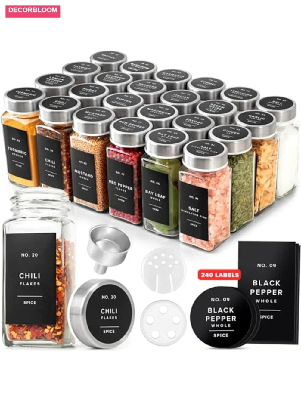 24 Glass Spice Jars with Stainless Steel Lids, Funnel & Labels
